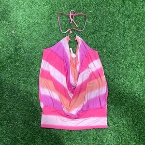 Pink and pastel striped halter top with metal ring detail.